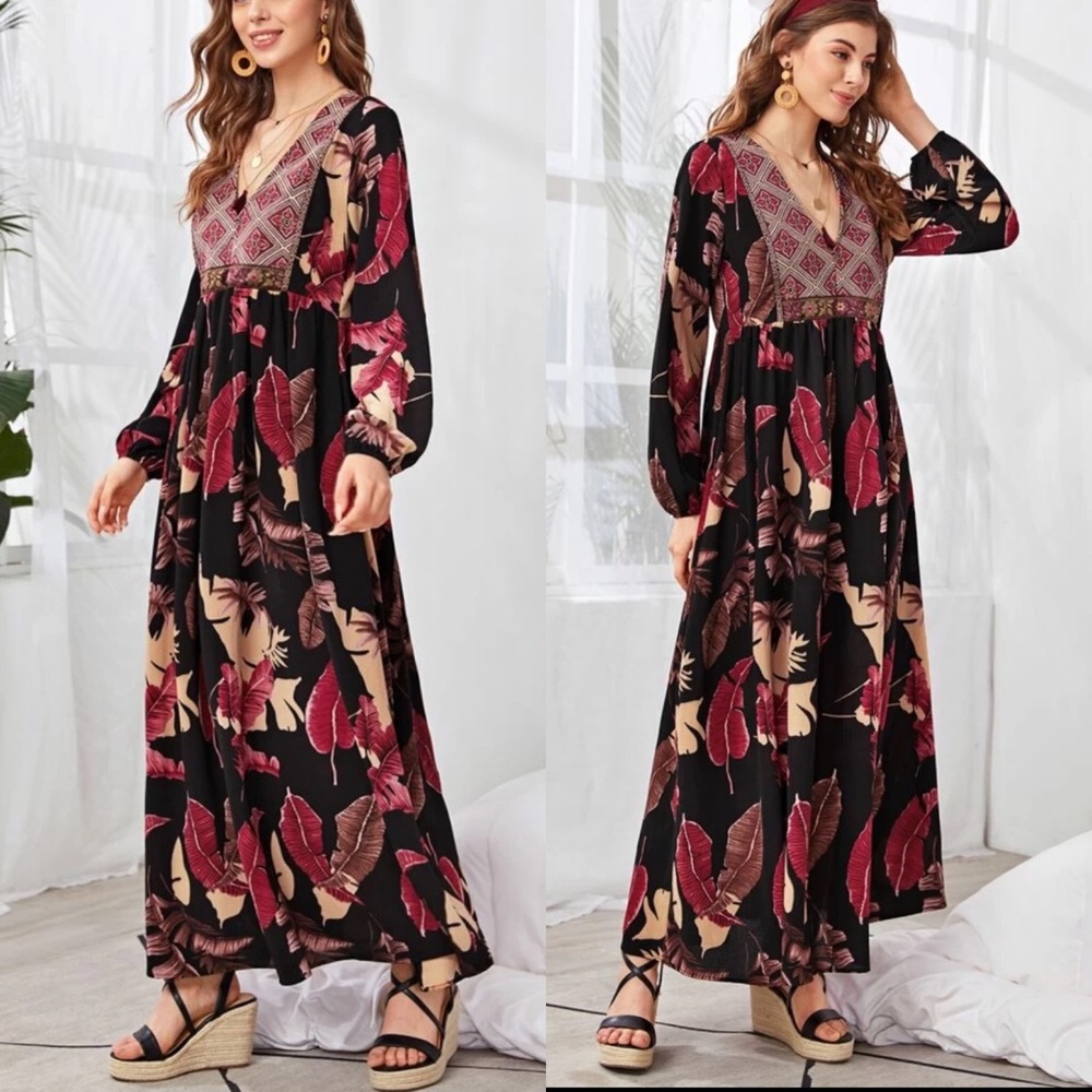 Boho Leaves V Neck Long Sleeve Dress - Picture 2 of 3